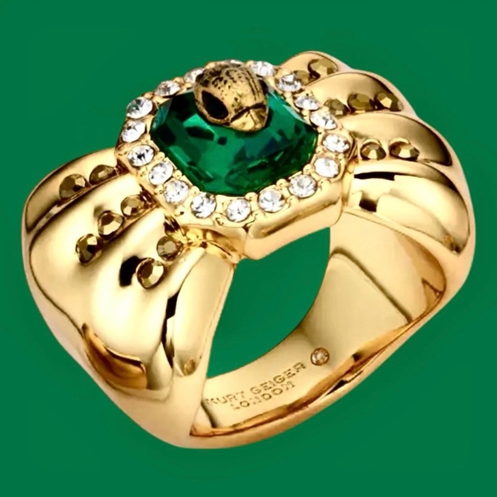 Kurt Geiger Bow Ring Green Crystal Center w/mini Bird Head/wideGold Band NWT&Box